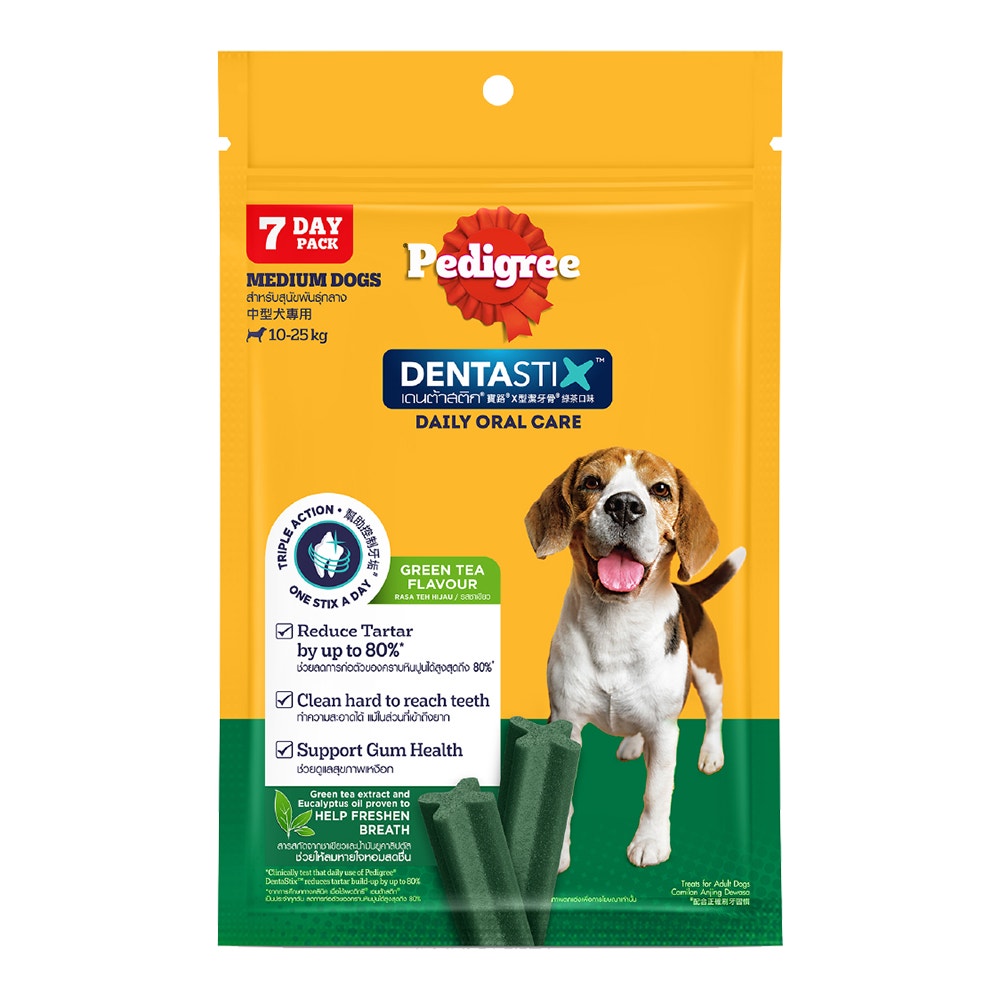 PEDIGREE® Dentastix™ เพดดิกรี® เดนต้าสติก™ ขนมขัดฟันสุนัข สุนัขพันธุ์กลาง รสชาเขียว 98ก.